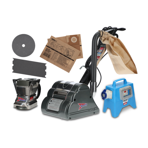 Complete floor sanding bundle including drum sander, edge sander, sanding sheets, dust bags, and a Residual Current Device