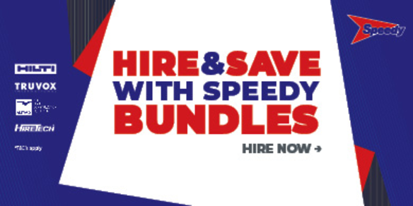 Promotional graphic with text: Hire & Save with Speedy Bundles. Includes Speedy logo and partner brand logos on a blue and red background