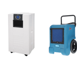 a portable air conditioner and a dehumidifier displayed in a row.
