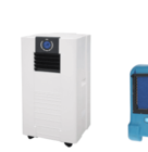 a portable air conditioner and a dehumidifier displayed in a row.
