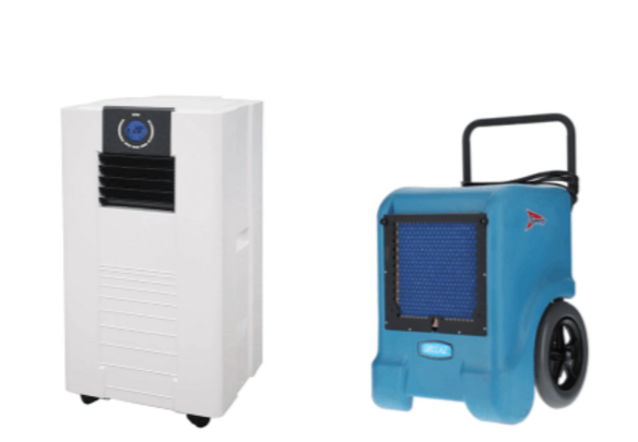 a portable air conditioner and a dehumidifier displayed in a row.