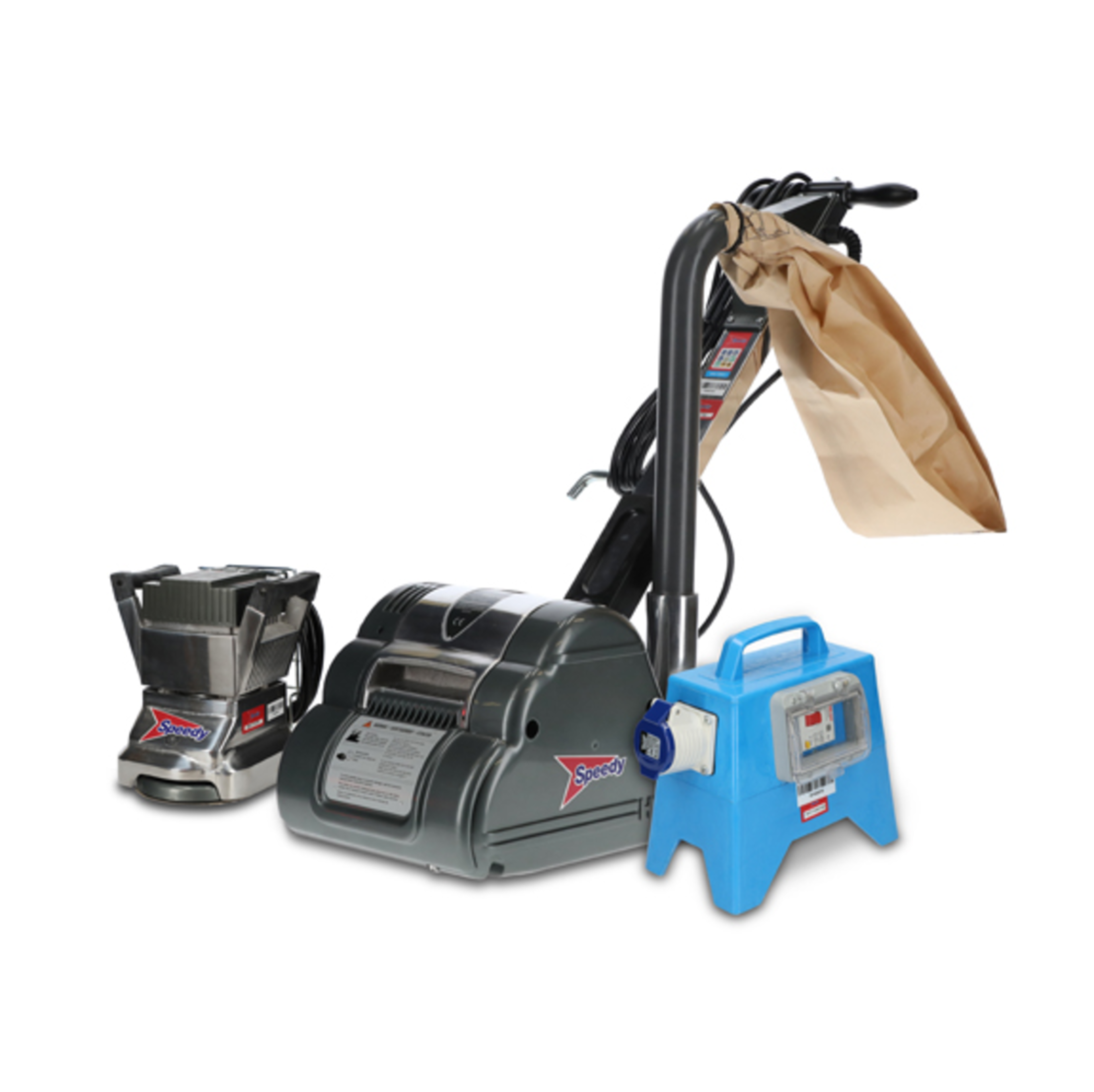drum floor sander, disc floor edging sander and residual current device on a white background