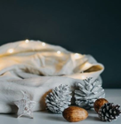 Cozy winter decor with pinecones, nuts, and fairy lights on a soft blanket.