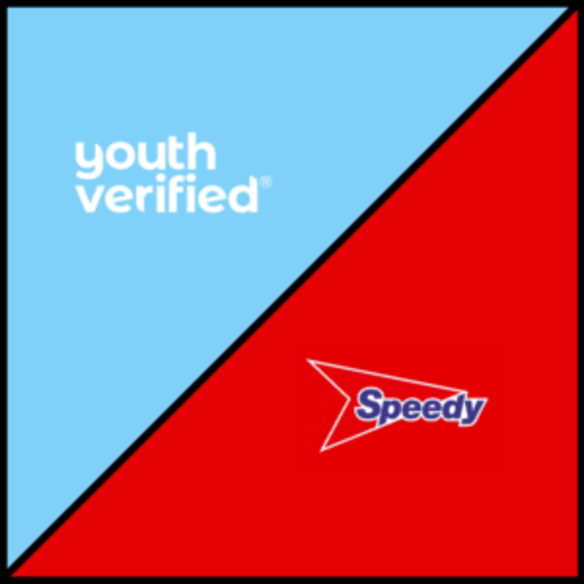 Split graphic featuring the Youth Verified logo on a light blue background and the Speedy logo on a red background.