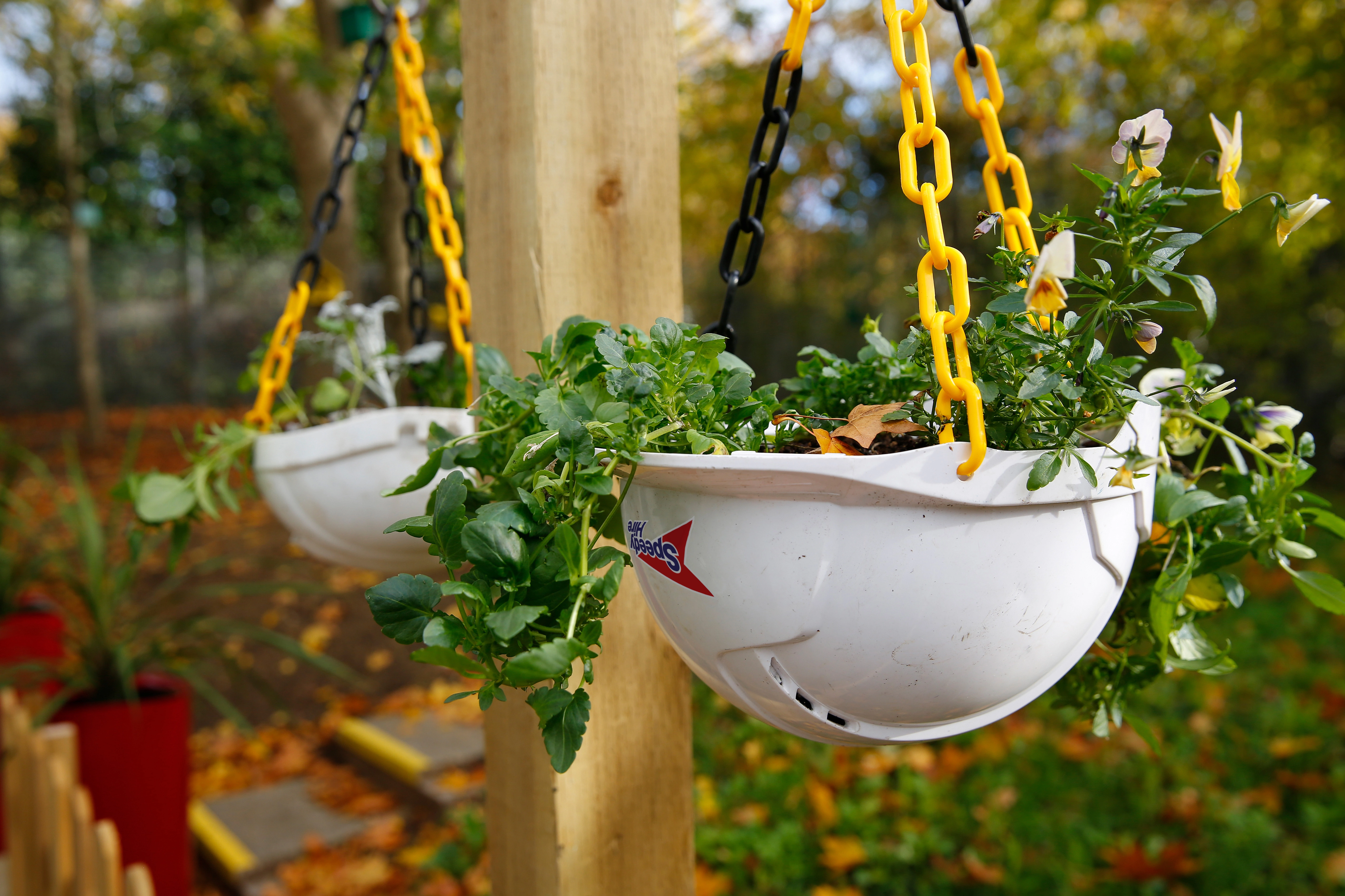 Creative hanging planters made from Speedy hard hats filled with spring flowers.
