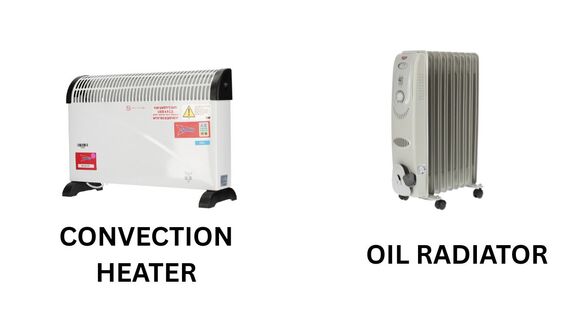 Image showing a white convection heater on the left and a grey oil‑filled radiator on the right.