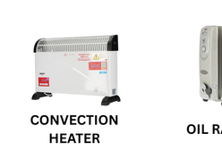 Image showing a white convection heater on the left and a grey oil‑filled radiator on the right.